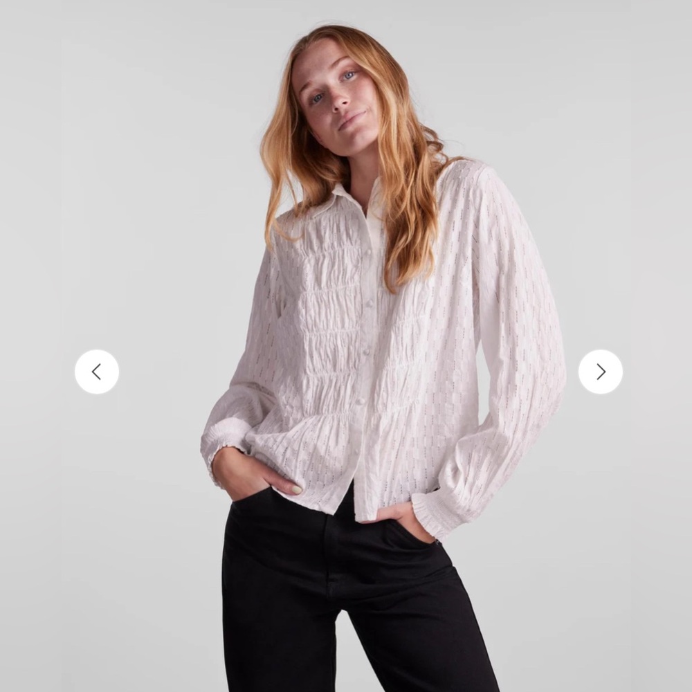 GUC YAS button front ruched white long sleeve shirt